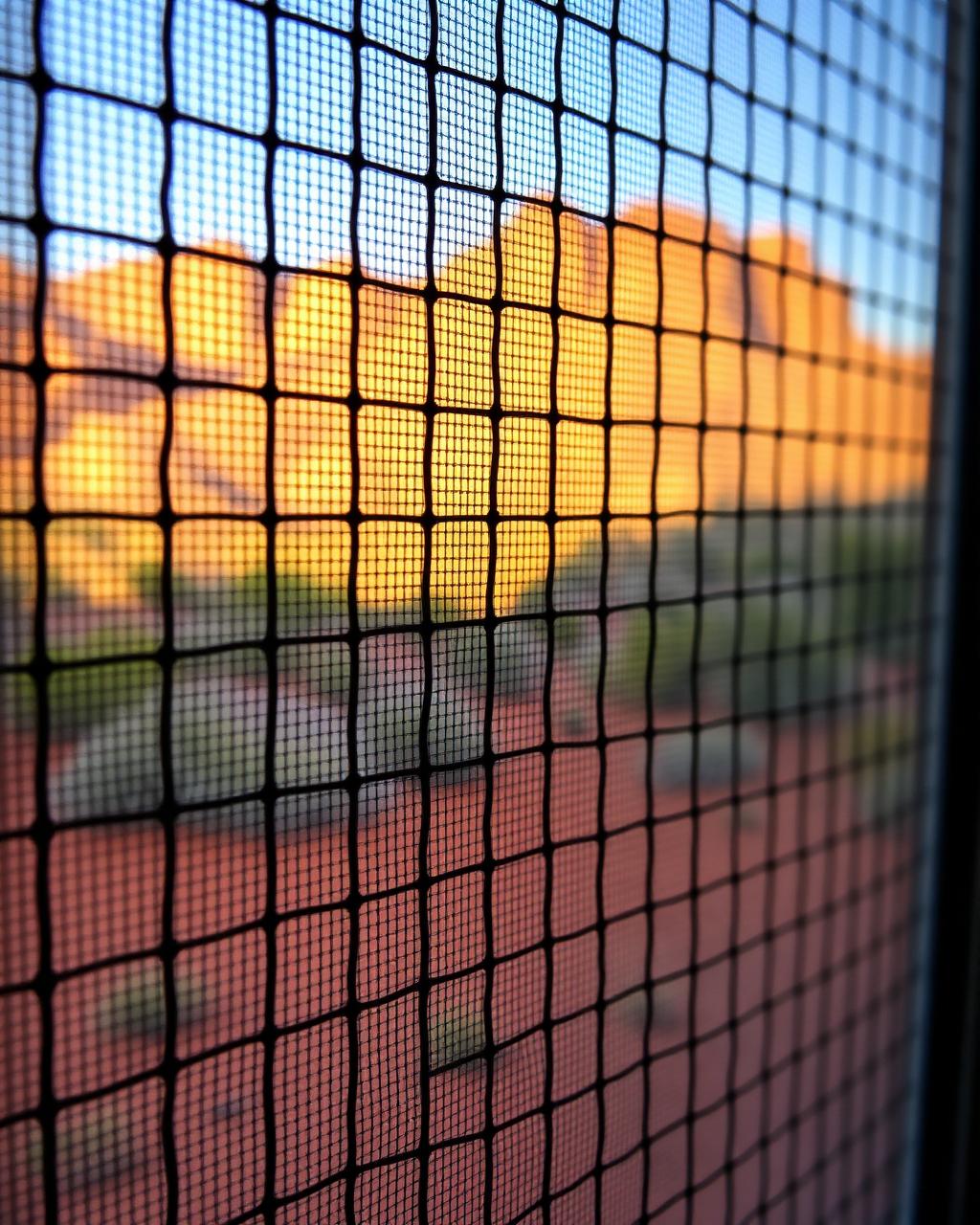 Close-up of a black window screen mesh with the Southern Utah red rock landscape blurred behind it